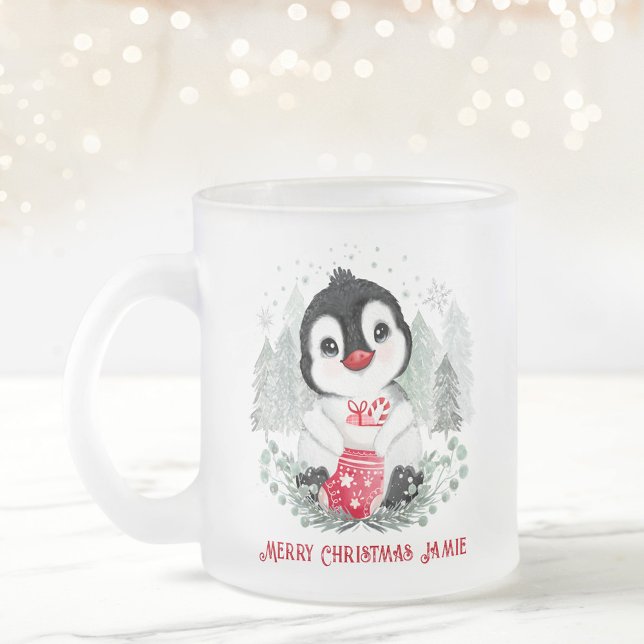 Cute Penguin Personalized Christmas Frosted Glass Coffee Mug (Cute Penguin Personalized Christmas Frosted Glass Coffee Mug)