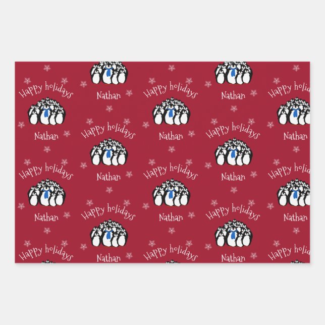 Cute Penguin Personalized Christmas Wrapping Paper Sheets (Front)