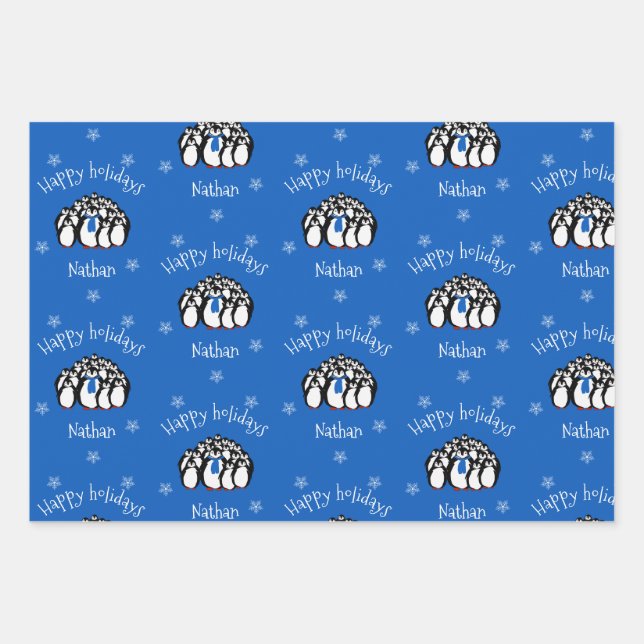 Cute Penguin Personalized Christmas Wrapping Paper Sheets (Front)