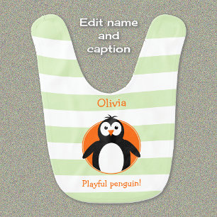 Cute penguin personalized green stripes baby bib