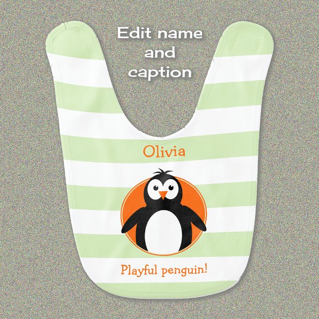 Cute penguin personalized green stripes baby bib (Creator Uploaded)