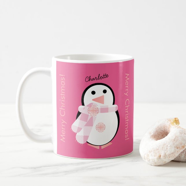 Cute Penguin Personalized Merry Christmas Coffee Mug (With Donut)