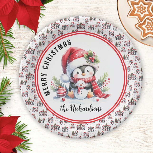 Cute Penguin Personalized Merry Christmas Paper Plates (Creator Uploaded)