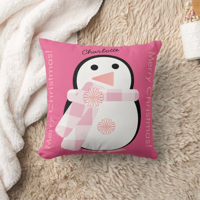 Cute Penguin Personalized Merry Christmas Throw Pillow (Blanket)