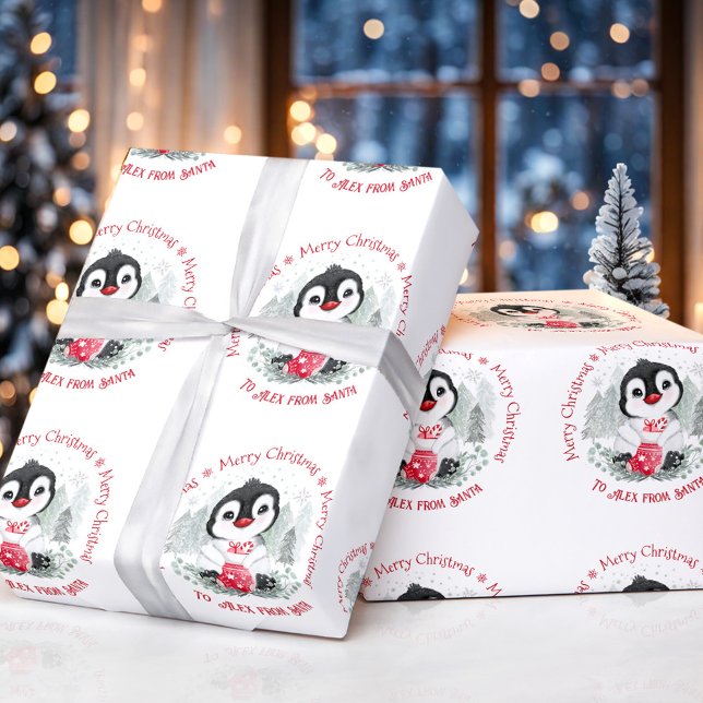 Cute Penguin Personalized Name Christmas Wrapping Paper (Cute Penguin Personalized Christmas Wrapping Paper)