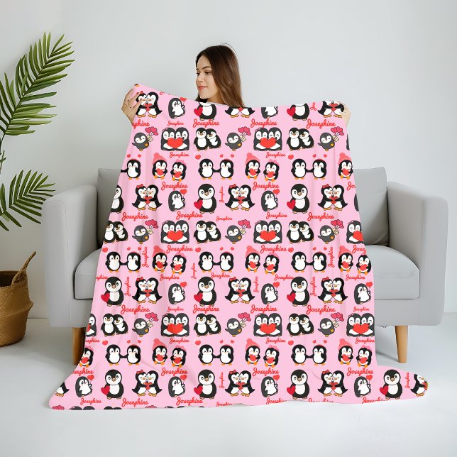 Cute Penguin Personalized Name Love Fleece Blanket (Creator Uploaded)