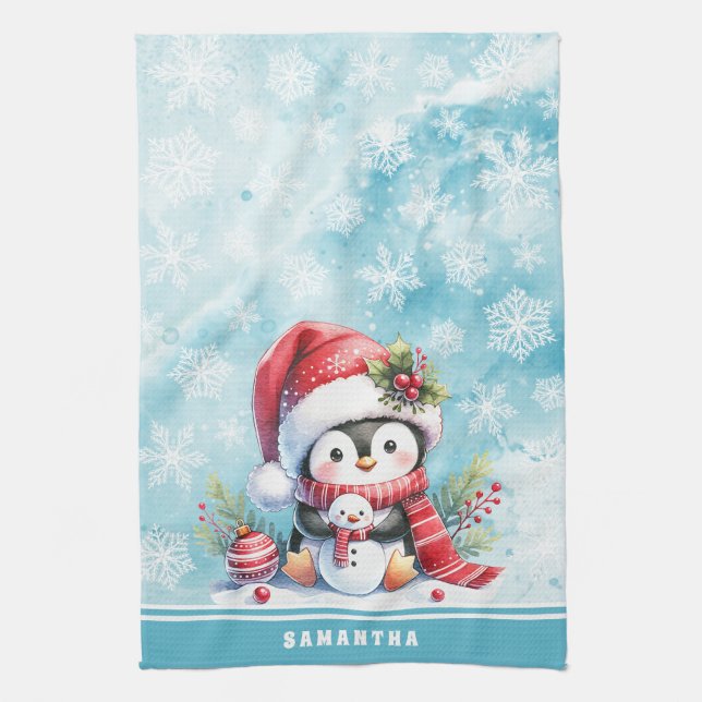 Cute Penguin Personalized Snowy Blue Christmas Kitchen Towel (Vertical)