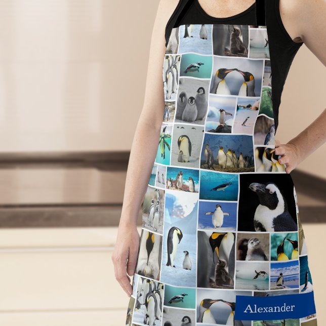 Cute Penguin Photo Collage Pattern with First Name Apron (Creator Uploaded)