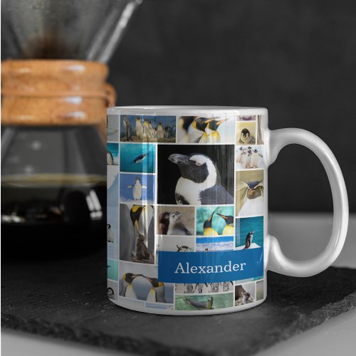 Cute Penguin Photo Collage Pattern with First Name Coffee Mug