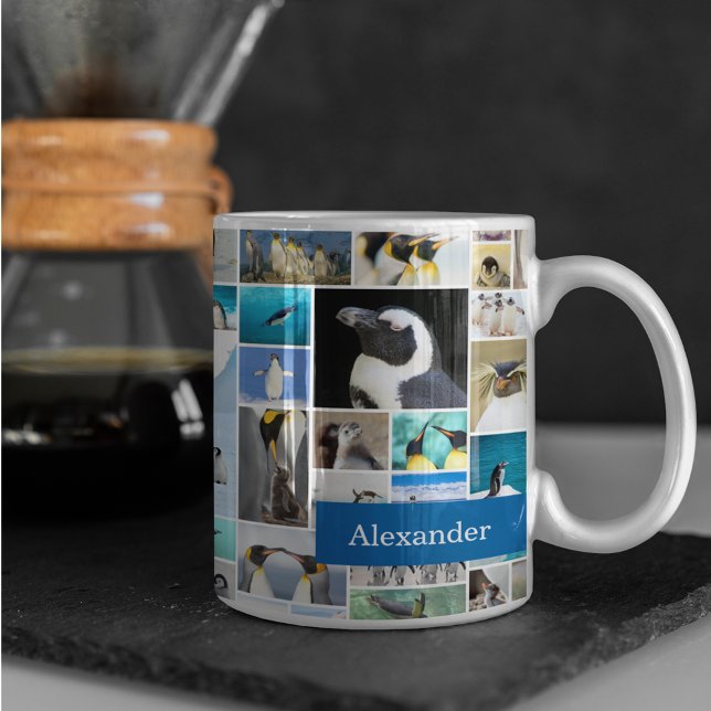 Cute Penguin Photo Collage Pattern with First Name Coffee Mug (Creator Uploaded)