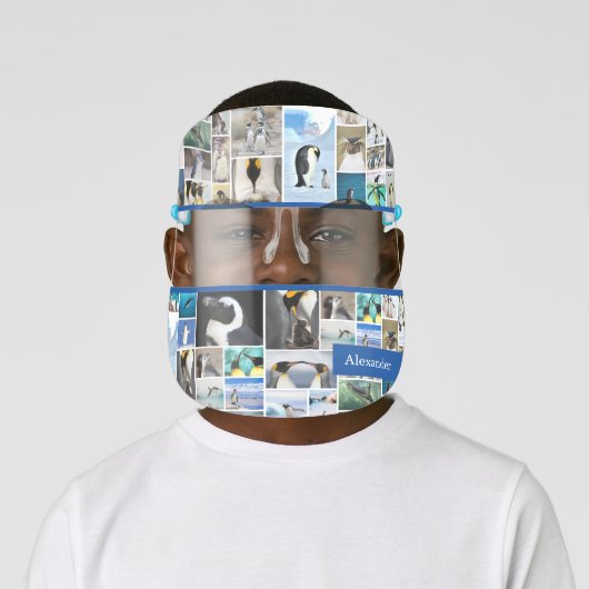 Cute Penguin Photo Collage Pattern with First Name Face Shield