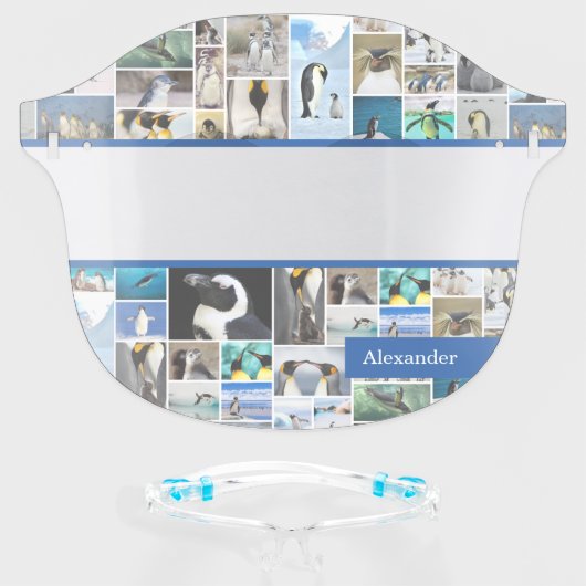 Cute Penguin Photo Collage Pattern with First Name Face Shield (Front w/Glasses)