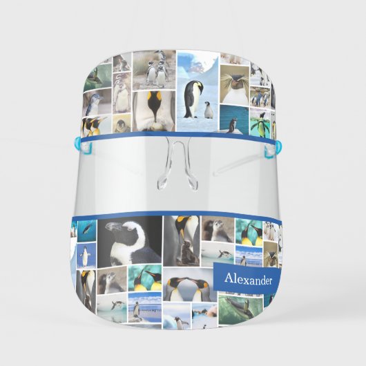 Cute Penguin Photo Collage Pattern with First Name Face Shield (Front)