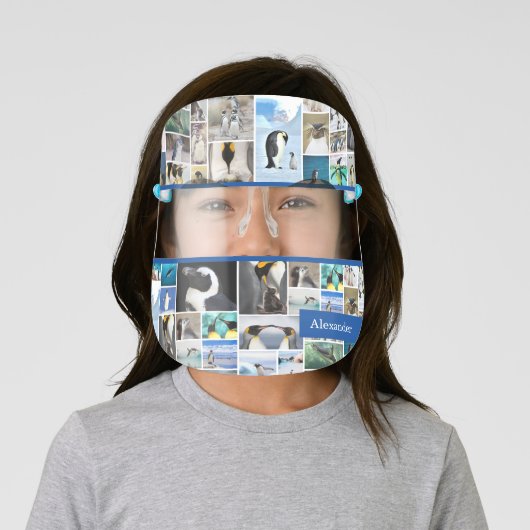 Cute Penguin Photo Collage Pattern with First Name Face Shield (Insitu)