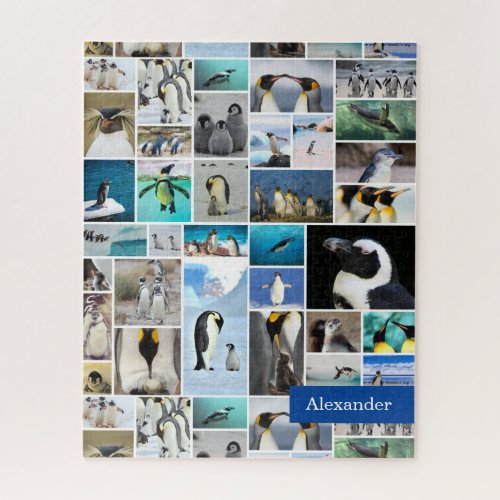 Cute Penguin Photo Collage Pattern with First Name Jigsaw Puzzle