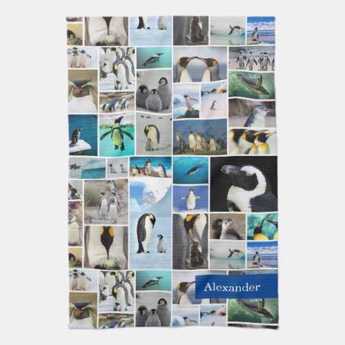 Cute Penguin Photo Collage Pattern with First Name Kitchen Towel