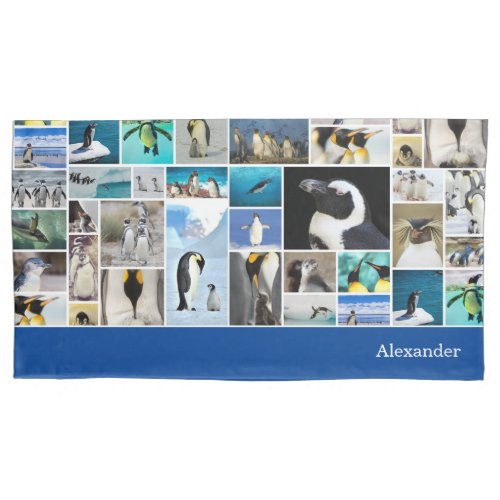 Cute Penguin Photo Collage Pattern with First Name Pillow Case