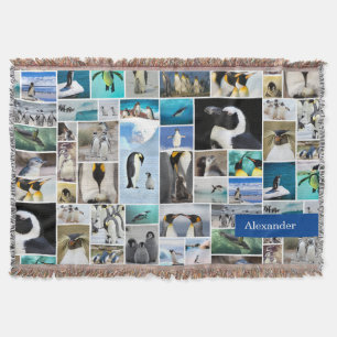 Cute Penguin Photo Collage Pattern with First Name Throw Blanket