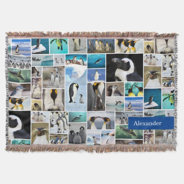 Cute Penguin Photo Collage Pattern with First Name Throw Blanket (Front)