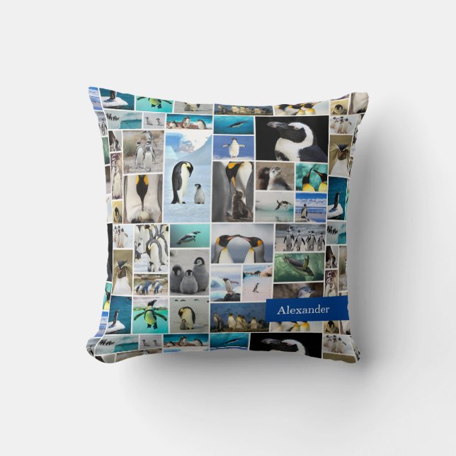 Cute Penguin Photo Collage Pattern with First Name Throw Pillow (Front)