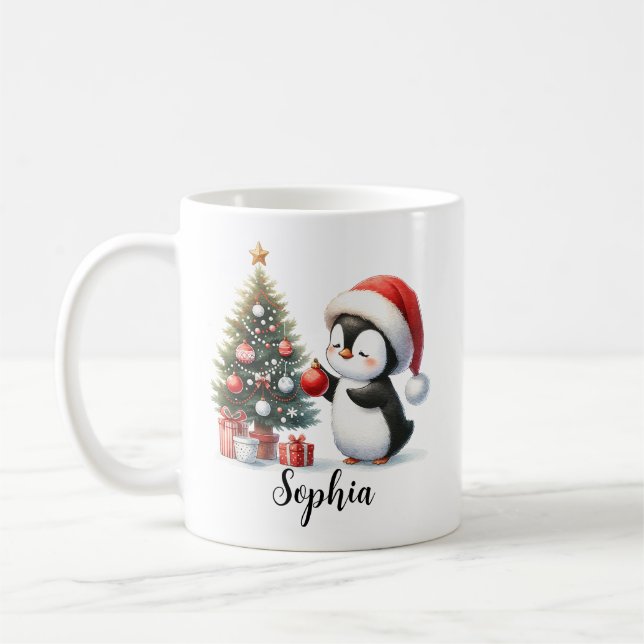 Cute Penguin Pine Tree Red White Custom Christmas Coffee Mug (Left)