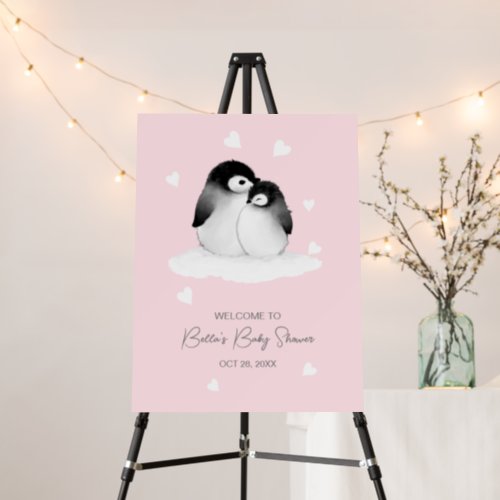 Cute Penguin Pink Baby Shower Party Sign