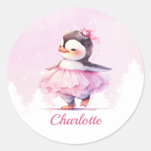 Cute Penguin Pink Ballerina Classic Round Sticker