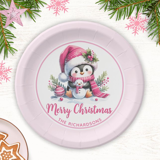 Cute Penguin Pink Custom Merry Christmas Paper Plates (Creator Uploaded)