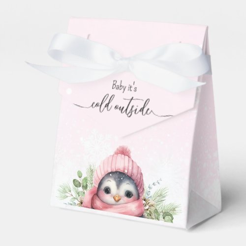 Cute Penguin Pink Girl Baby Shower Favor Boxes