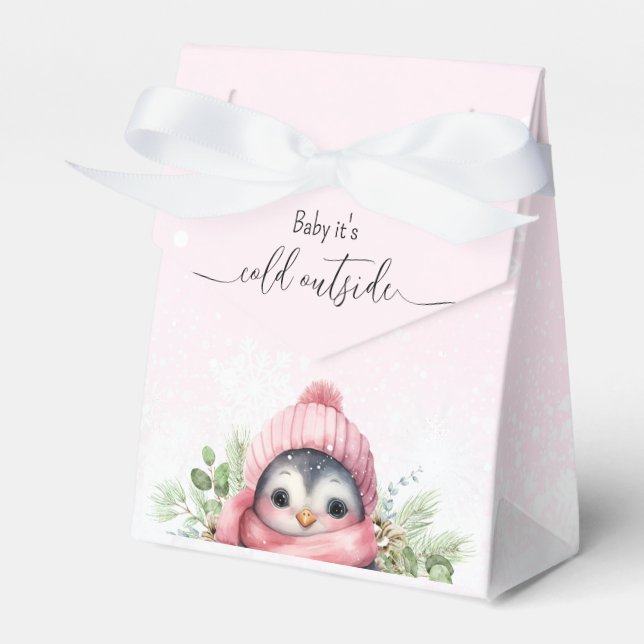 Cute Penguin Pink Girl Baby Shower Favor Boxes (Front Side)