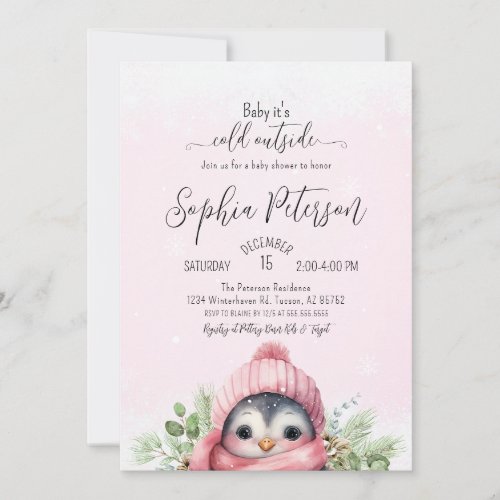 Cute Penguin Pink Girl Winter Baby Shower Invitation
