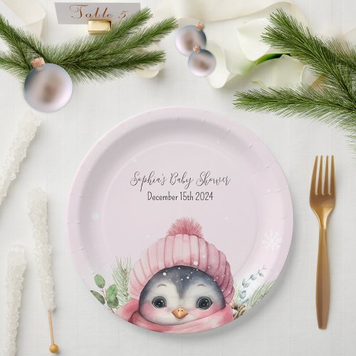 Cute Penguin Pink Girl Winter Baby Shower Paper Plates