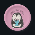 Cute Penguin Pink Personalized Birthday Paper Plates<br><div class="desc">With its adorable penguin illustration these paper plates are perfect for birthday parties for penguins fans as well as holiday parties. The feature an illustration of a cute little penguin holding a wrapped up present against a pink background. Use the template field to personalize the message on these paper plates....</div>