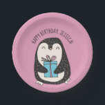 Cute Penguin Pink Personalized Birthday Paper Plates<br><div class="desc">With its adorable penguin illustration these paper plates are perfect for birthday parties for penguins fans as well as holiday parties. The feature an illustration of a cute little penguin holding a wrapped up present against a pink background. Use the template field to personalize the message on these paper plates....</div>
