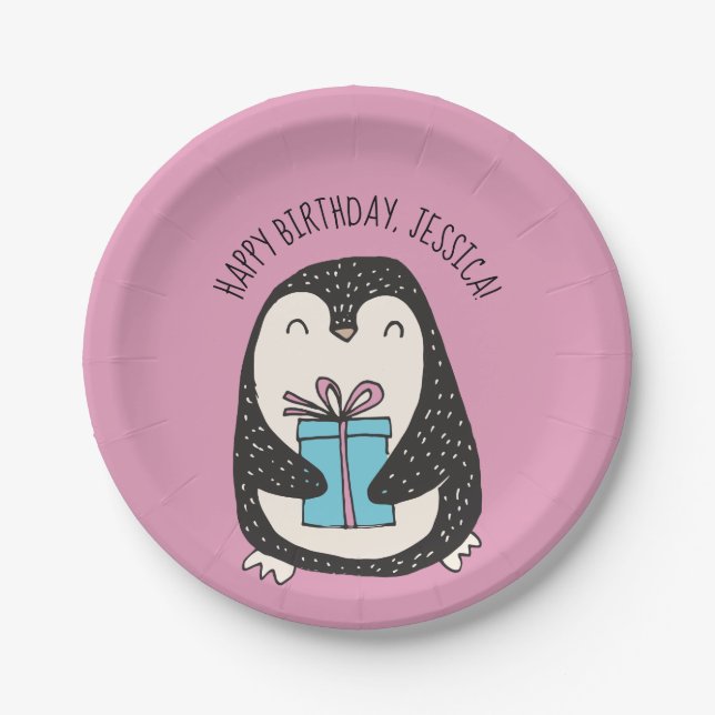Cute Penguin Pink Personalized Birthday Paper Plates (Front)