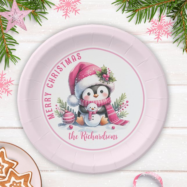 Cute Penguin Pink Personalized Merry Christmas Paper Plates (Creator Uploaded)