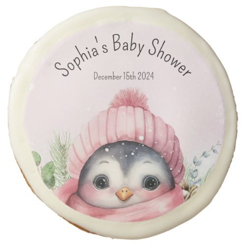 Cute Penguin Pink Snowy Winter Baby Shower Sugar Cookie