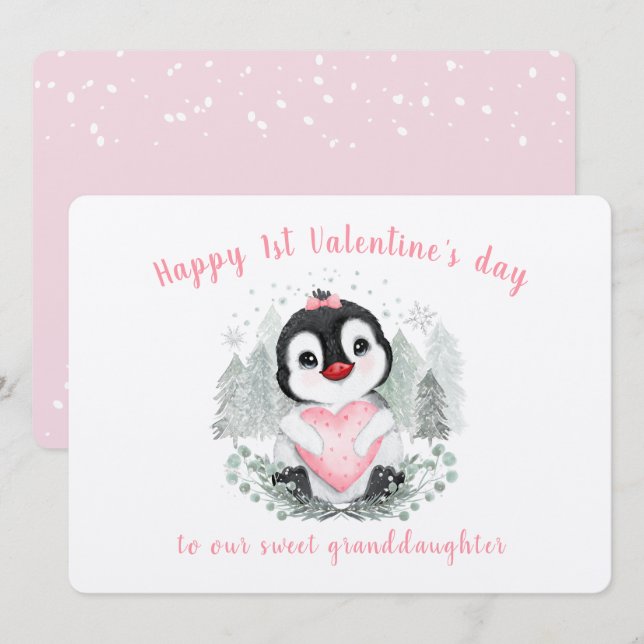 Cute Penguin Pink Vintage Valentine's day Card (Front/Back)