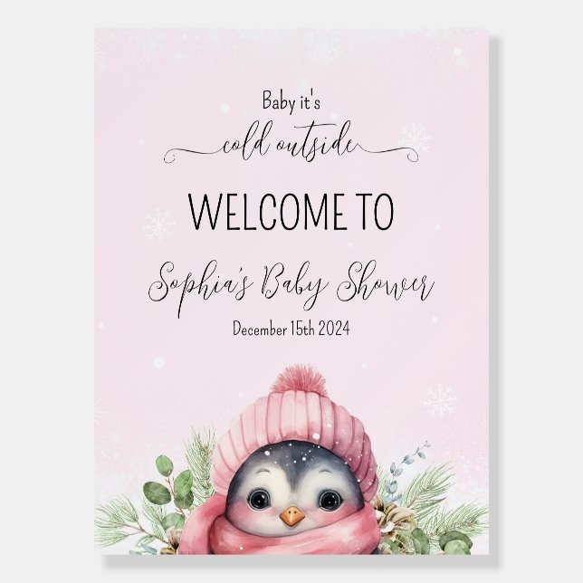 Cute Penguin Pink Winter Baby Shower Welcome Sign (Front)