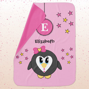 Cute penguin pink yellow stars name baby blanket