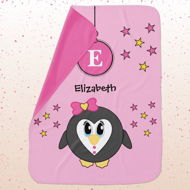 Cute penguin pink yellow stars name baby blanket (Creator Uploaded)