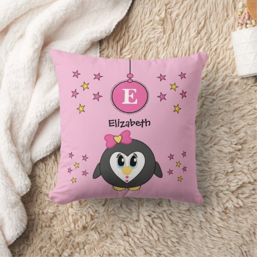 Cute penguin pink yellow stars name throw pillow