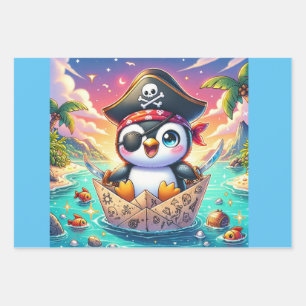 Cute Penguin Pirate Adventure Wrapping Paper Sheets