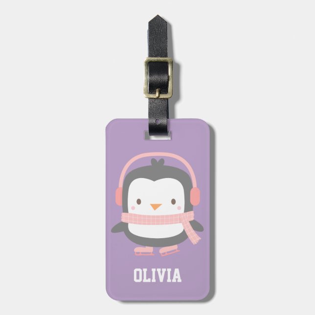 Cute Penguin Purple Girls Personalized Purple Luggage Tag (Front Vertical)
