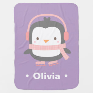 Cute Penguin Purple Personalized Baby Blanket