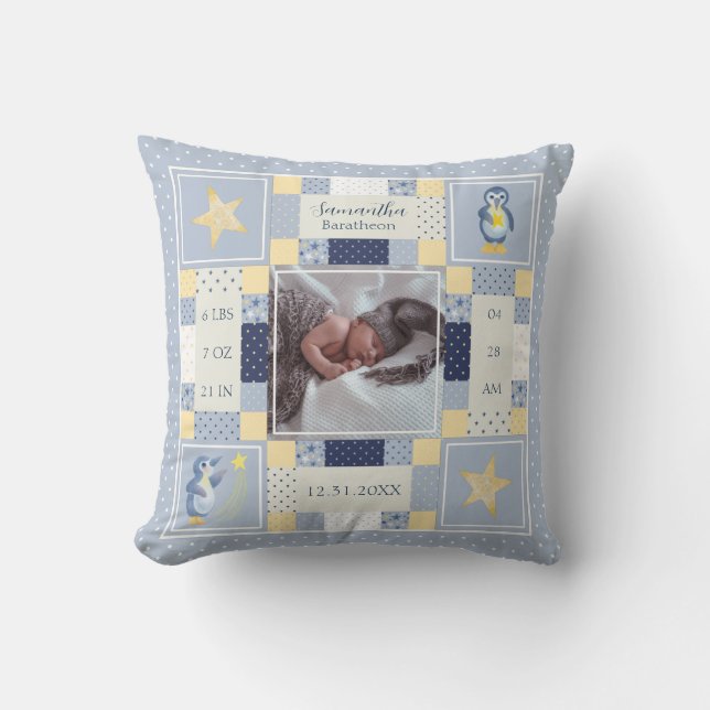 Cute Penguin Quilt Baby Birth Stats Personalized Throw Pillow (Front)