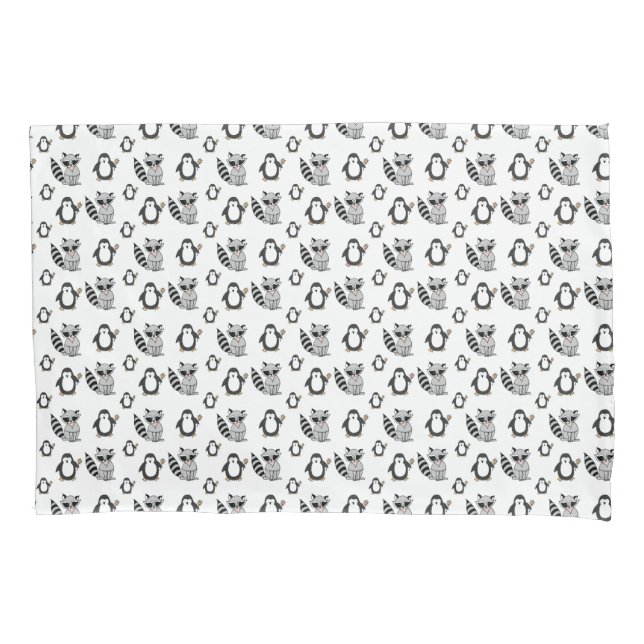 Cute Penguin Racoon Animal Buddies Pillow Case (Front)