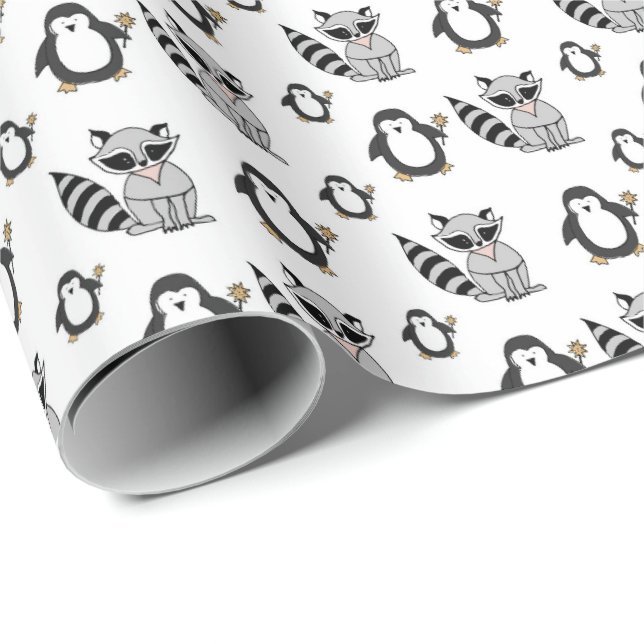 Cute Penguin Racoon Buddies Baby Gift Wrapping Paper (Roll Corner)