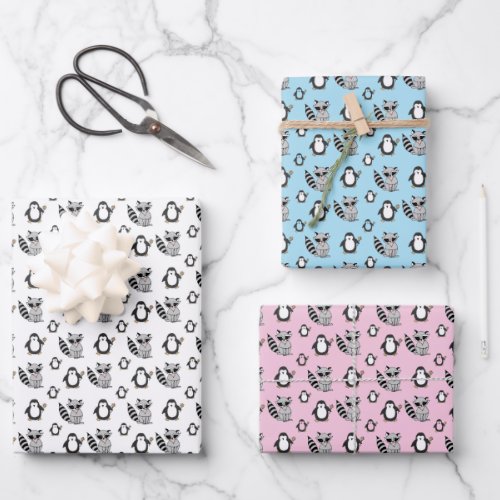 Cute Penguin Racoon Buddies Baby Gift Wrapping Paper Sheets