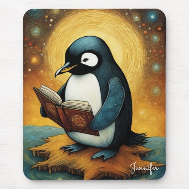 Cute Penguin Reading Book Name Mouse Pad (Front)